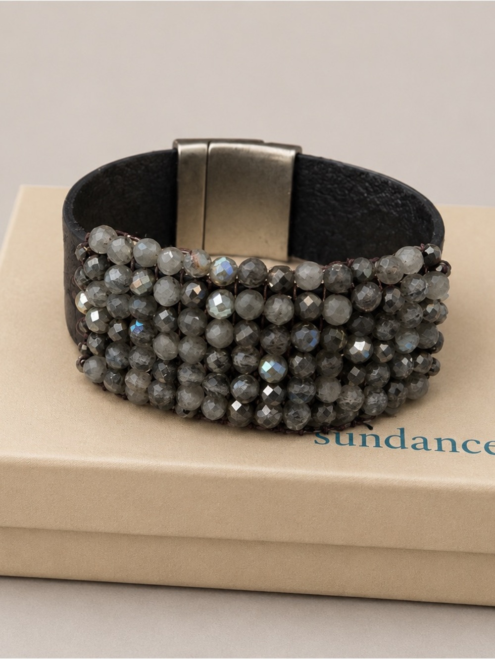 Sundance leather labradorite, multi strand beat it cuff bracelet magnetic cuff - Picture 2 of 4